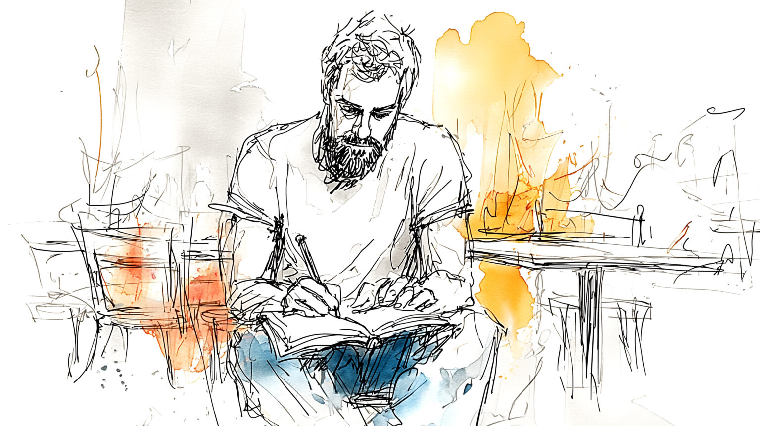 Man schrijft in notitieboekje