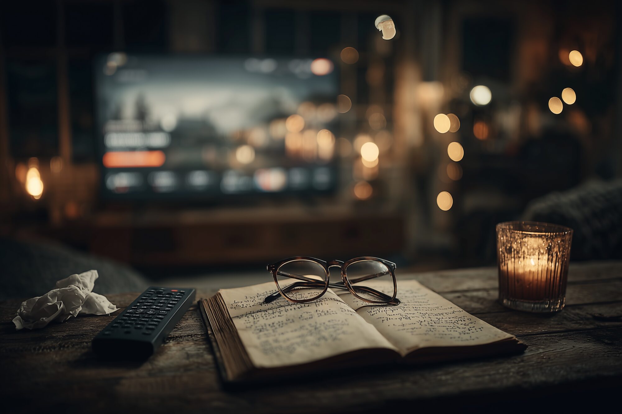 Film kijken, afstandbediening, bril, tissue