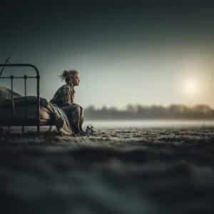 meisje zit buiten op een bed in de winter