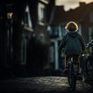 Kind op fiets door straat
