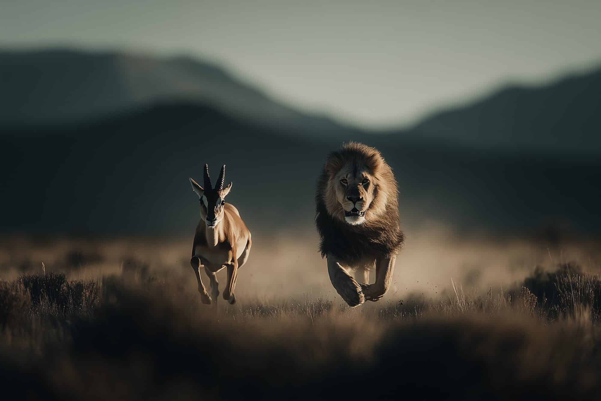 Leeuw jaagt achter Gazelle