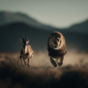 Leeuw jaagt achter Gazelle