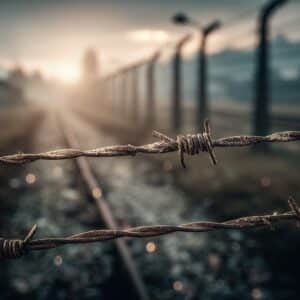 Roestig prikkeldraad bij concentratiekamp