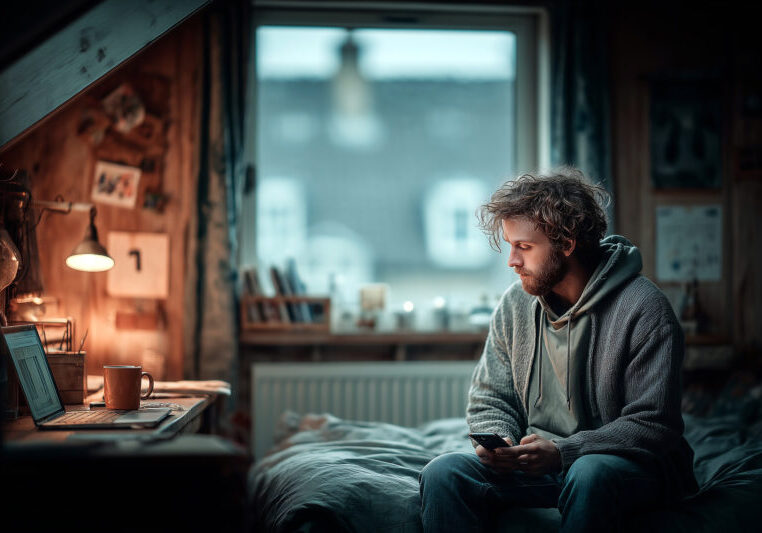 Gescheiden man op zolderkamer