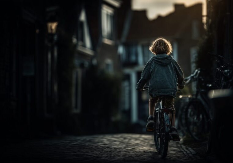 Kind op fiets door straat