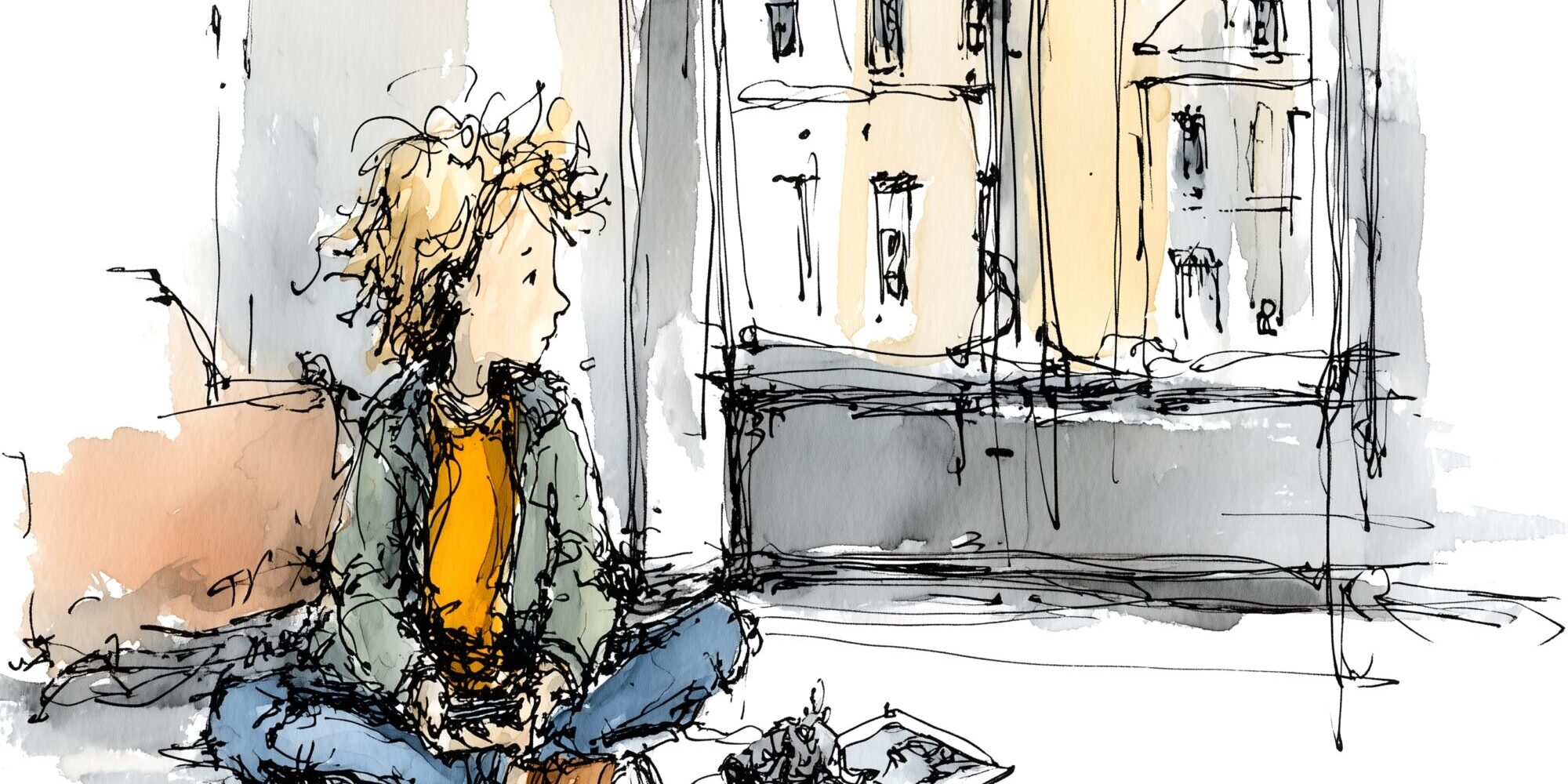 Kind speelt in een kamer en kijkt naar buiten