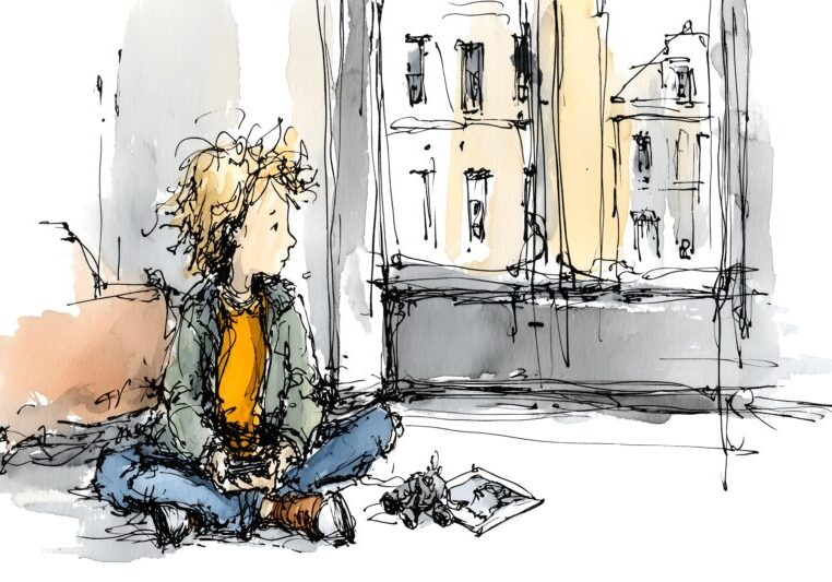 Kind speelt in een kamer en kijkt naar buiten