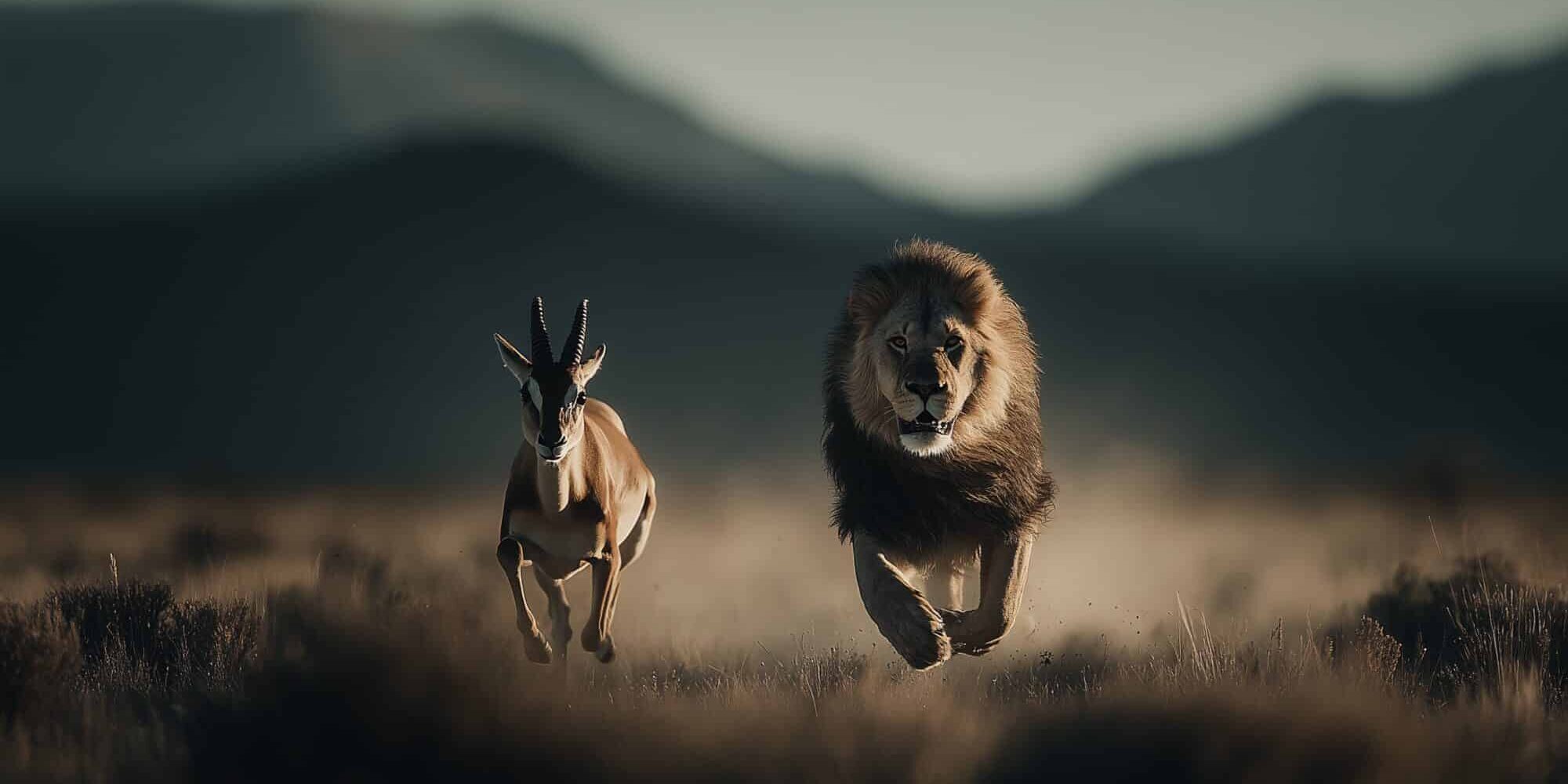 Leeuw jaagt achter Gazelle