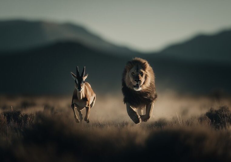 Leeuw jaagt achter Gazelle