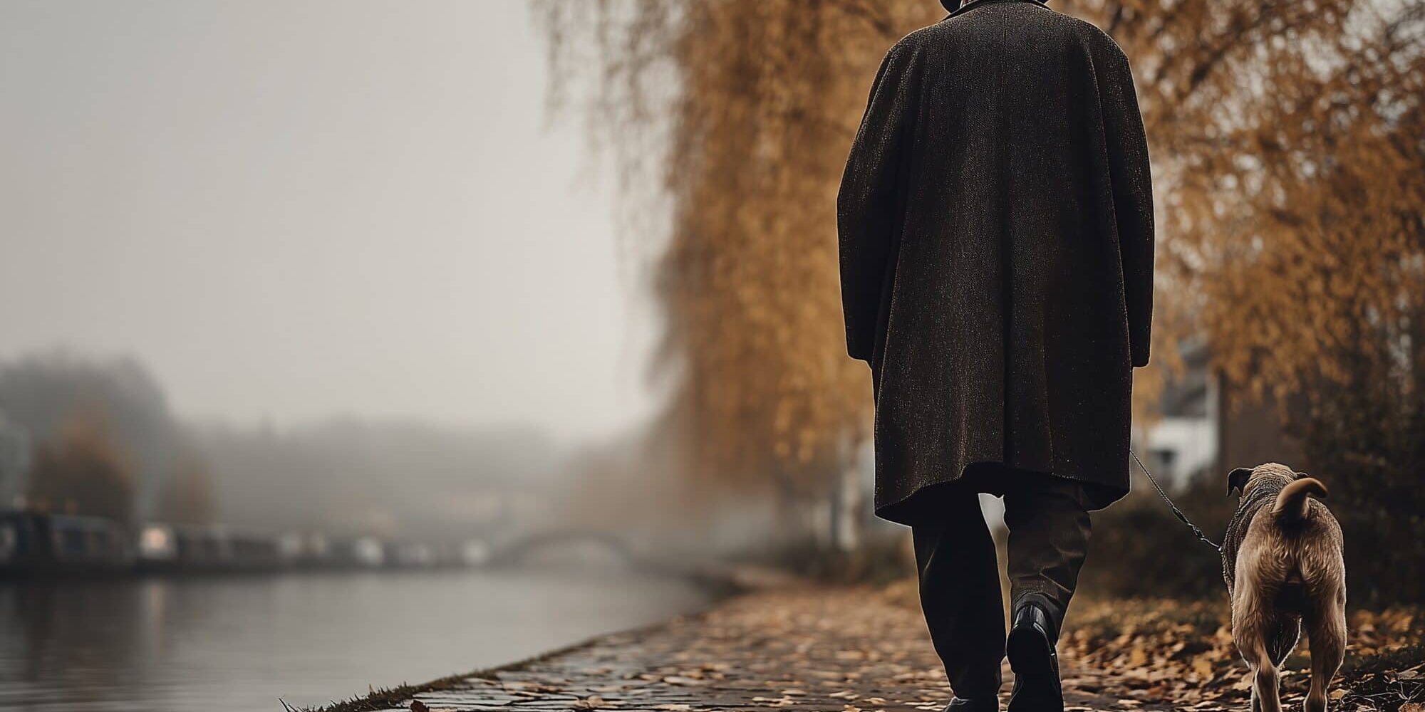 Oude man wandelt met hond