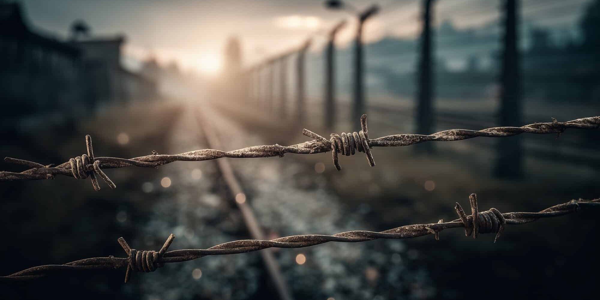 Roestig prikkeldraad bij concentratiekamp