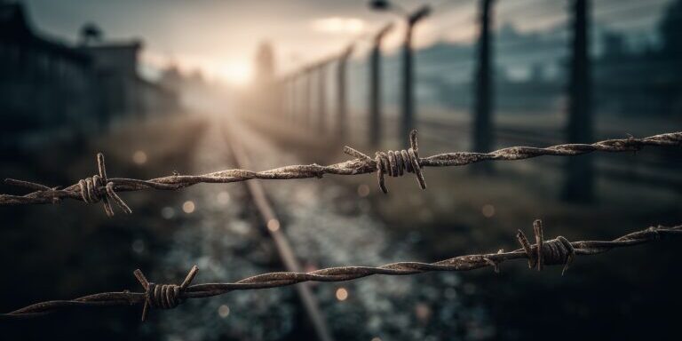 Roestig prikkeldraad bij concentratiekamp