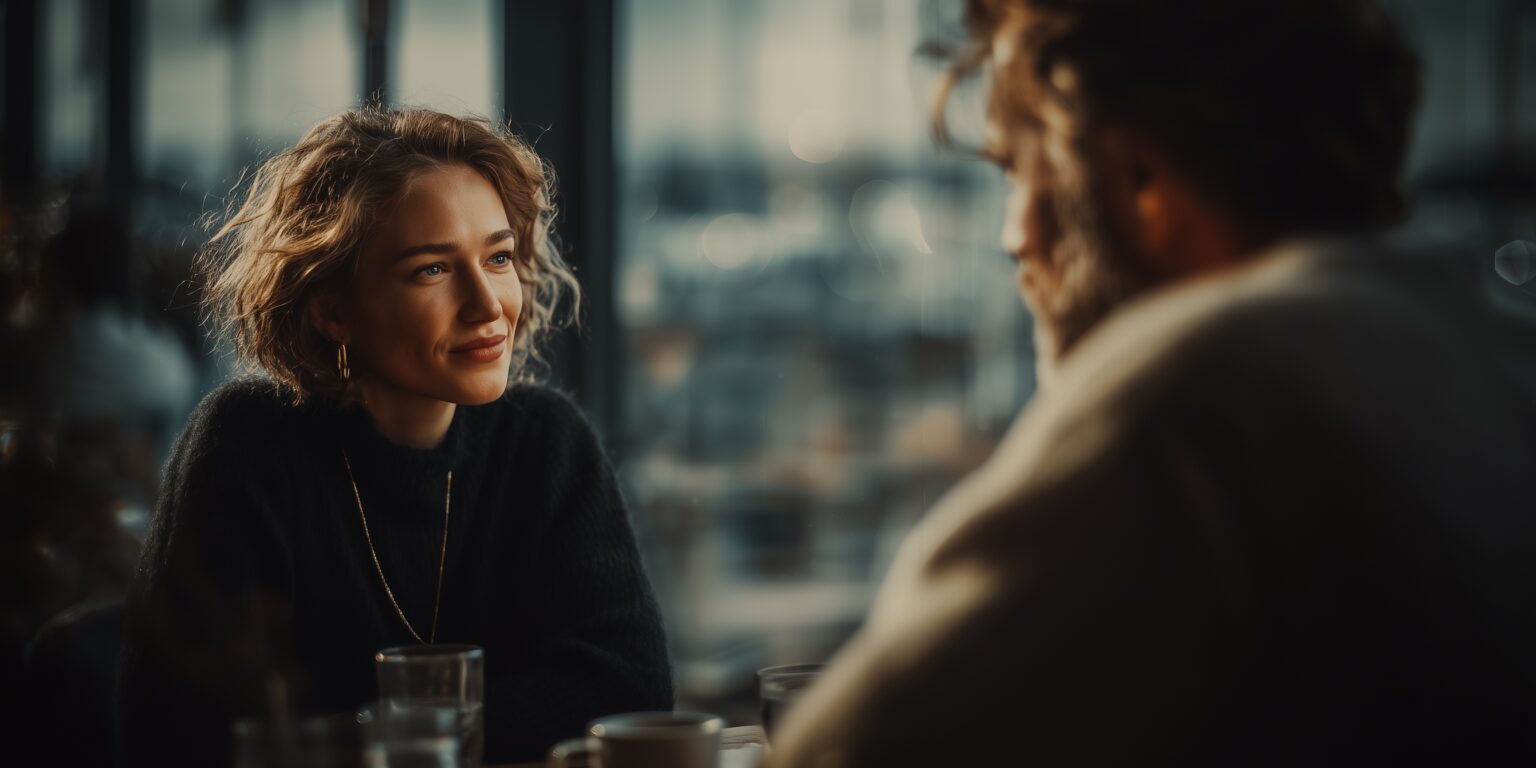 Twee mensen in gesprek in restaurant