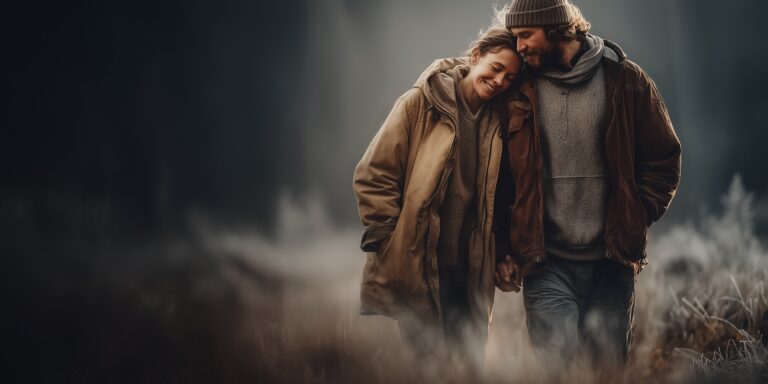 Verliefd stel wandeling door het bos