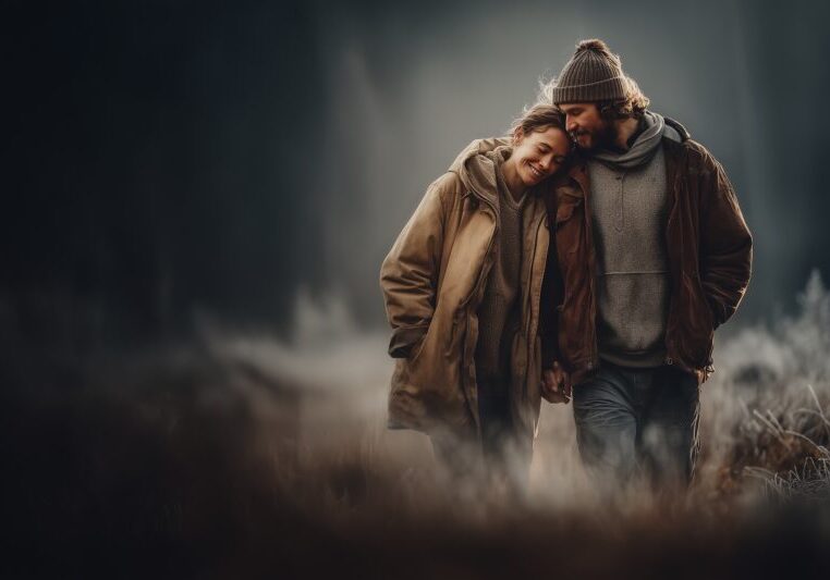 Verliefd stel wandeling door het bos