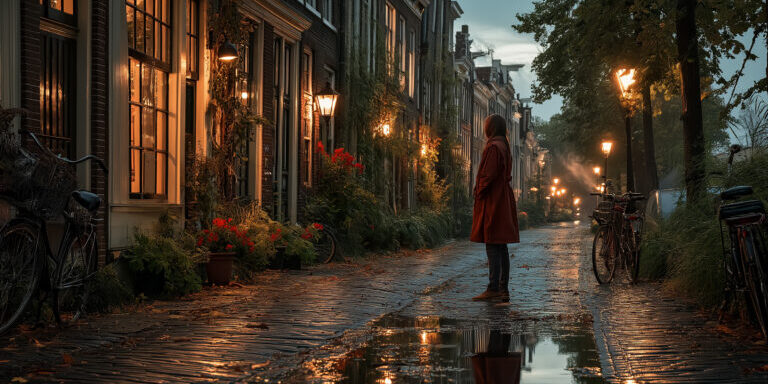 Vrouw alleen in regenachtige straat