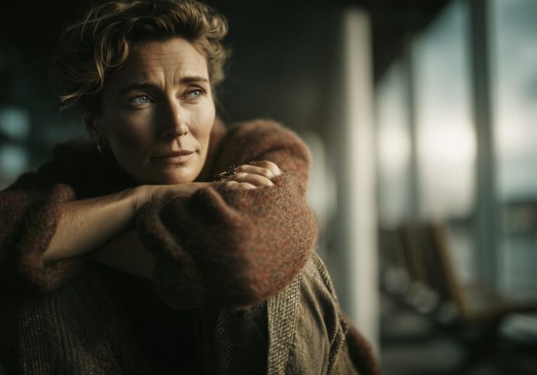 Vrouw alleen leunt over een bank in professionele omgeving