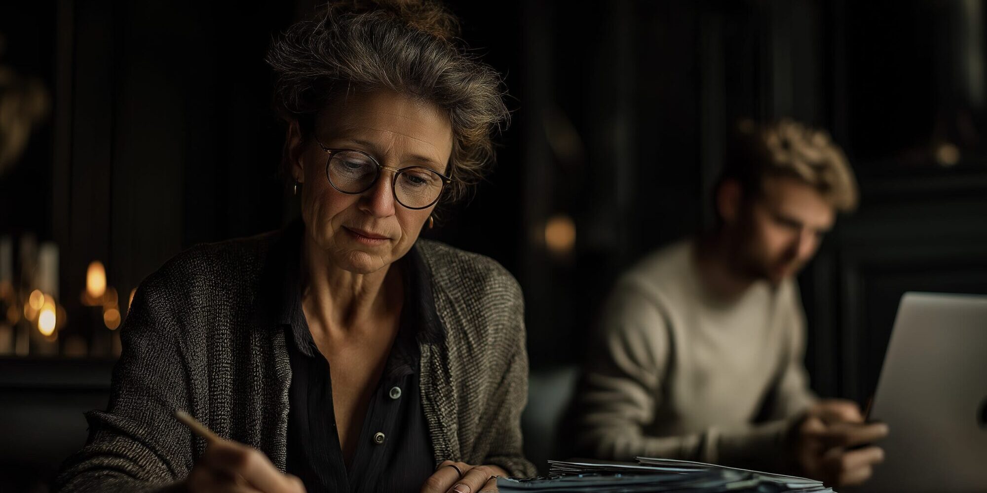 Vrouw zit aan tafel te werken