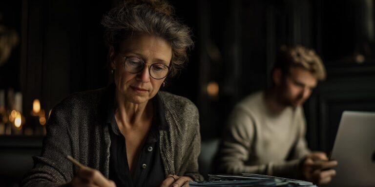 Vrouw zit aan tafel te werken