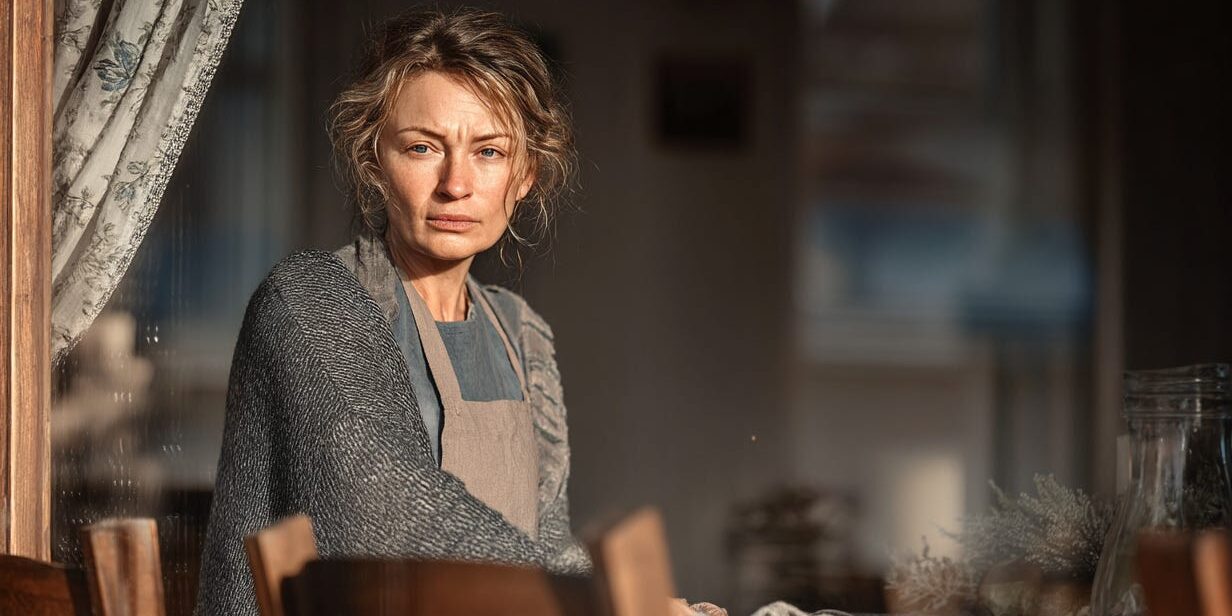 Vrouw zit achter keukenraam