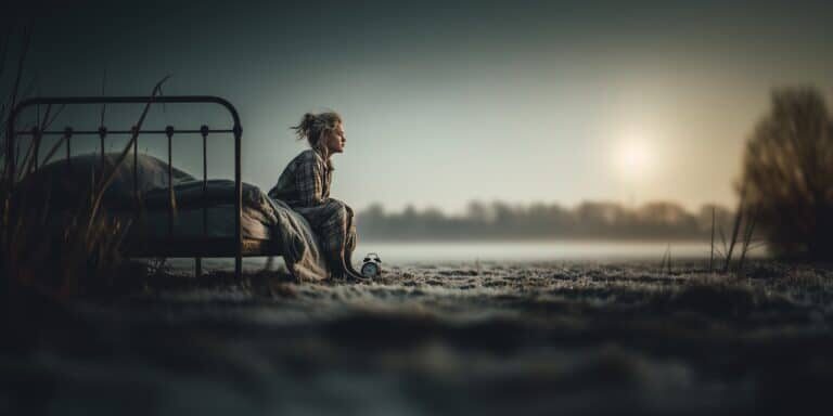 meisje zit buiten op een bed in de winter