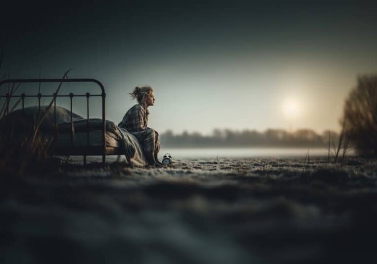 meisje zit buiten op een bed in de winter